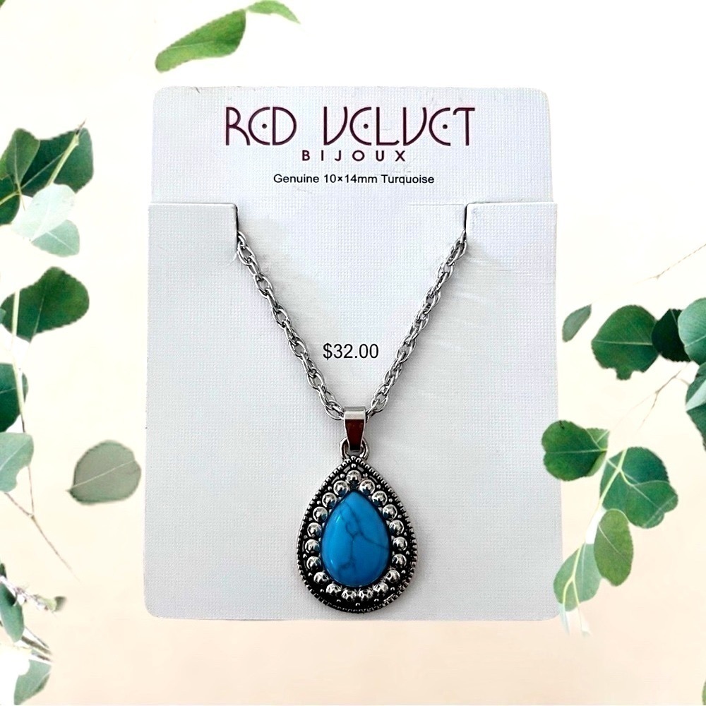 Red Velvet Bijoux Genuine Turquoise Teardrop Pendant Silver Necklace‌‌‌‌‌‌‌‌‍‍‍‍